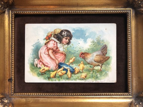 画像2: ▼SALE 500▼ Postcard イースター 女の子とヒヨコとニワトリの家族 1908年 (2)