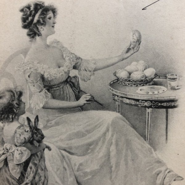 拡大してみると、女の子や女性の表情、また卵に描かれたウサギの絵の様子が見えます。