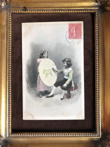 画像2: Postcard 新年祝い New Year ブタさんの絵を描く子ども キノコ フランス1907年 (2)