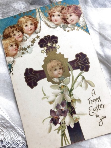 画像2: Postcard イースター 天使とスノードロップのお花と十字架 イギリス1907年 (2)
