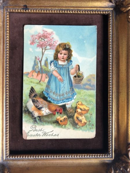 画像2: Postcard イースター ニワトリとヒヨコにごはんをあげる女の子 1910年 (2)