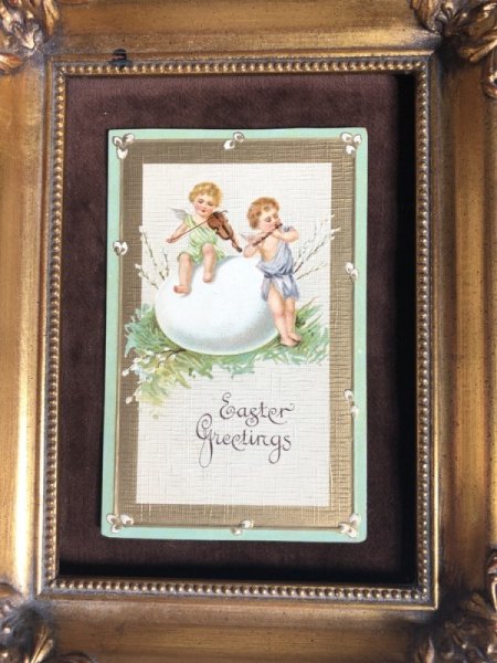 画像2: Postcard イースター 大きな卵の前で音楽を演奏する天使 バイオリン フルート (2)