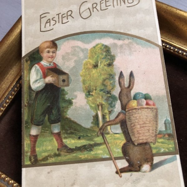 画像1: Postcard 　イースター　卵を運ぶウサギさんの写真を撮影する少年　1909年 (1)