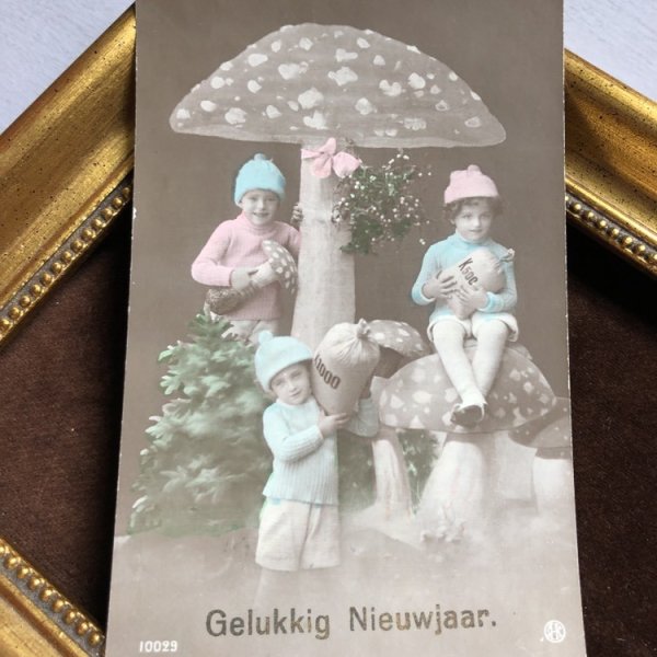 画像1: Postcard　新年祝い　New Year キノコと子どもたち　写真　オランダ1913年 (1)