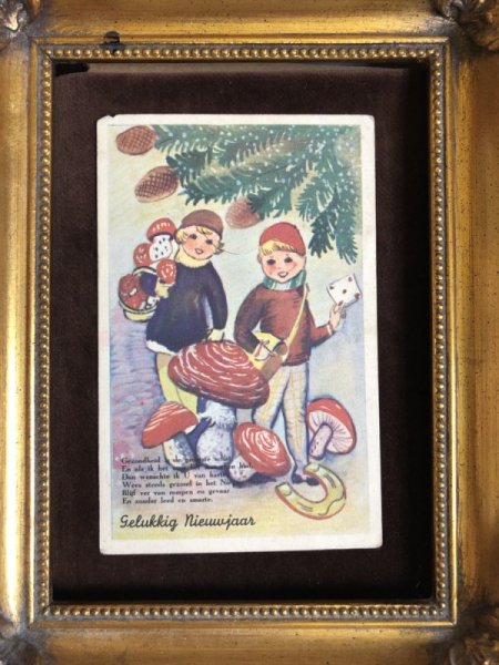 画像2: Postcard  新年祝い New Year 大きなキノコと子どもたち 馬蹄 1939年 (2)