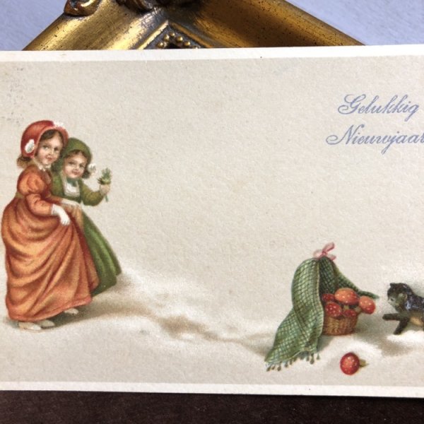 画像1: Postcard　　新年祝い　New Year　2人の女の子とキノコのバスケットと子猫 (1)