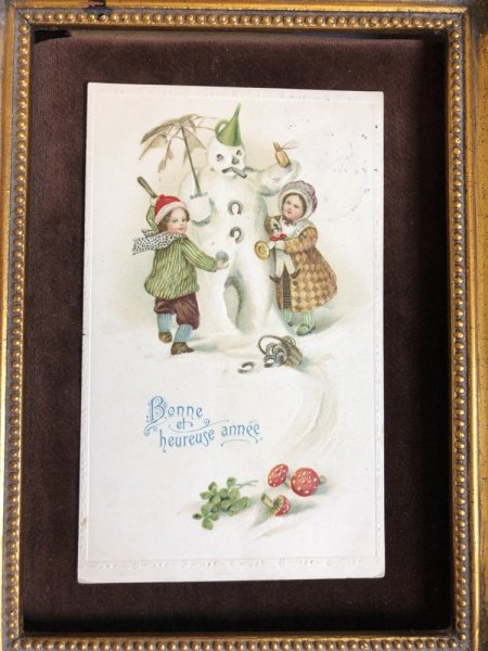 画像2: Postcard 新年祝い New Year 雪だるまと子どもたち キノコ 馬蹄 ベルギー1912年 (2)