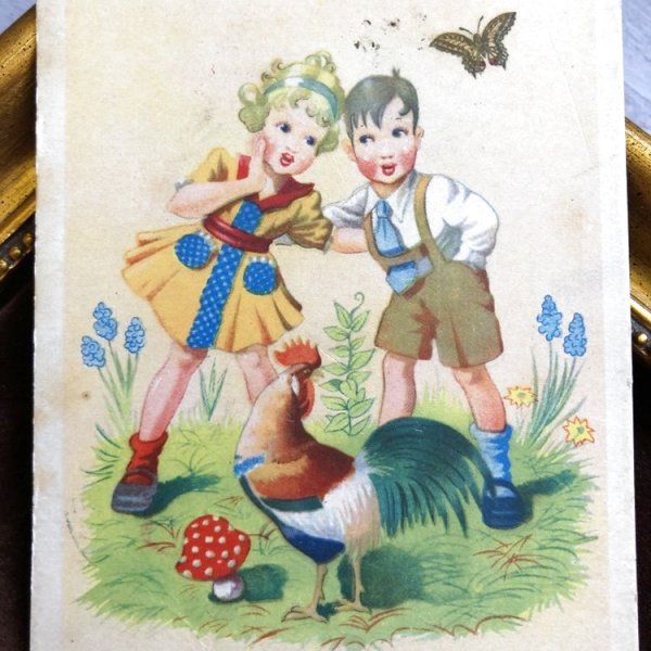 画像1: Postcard　ニワトリとキノコと子どもたち　オランダ1943年 (1)