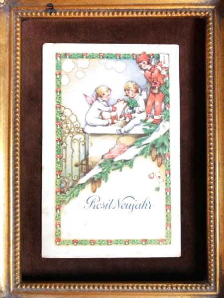 画像2: Postcard 新年祝い New Year 新年を告げる天使と子豚 キノコ 1929年 (2)