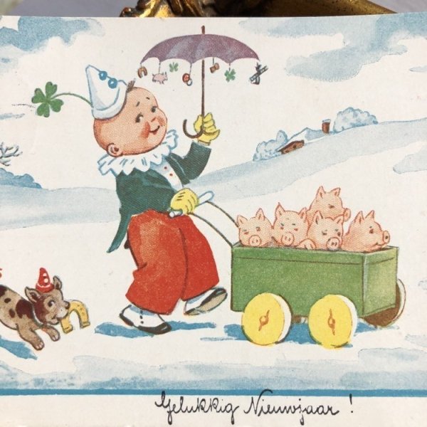 画像1: Postcard　子犬と一緒に子豚を運ぶ道化師さん　キノコ　四葉　　馬蹄　煙突掃除婦 (1)