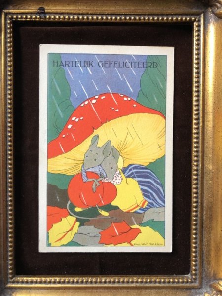 画像2: Postcard キノコの下で雨宿りをするネズミさん オランダ1943年 (2)
