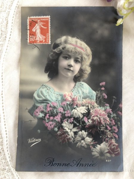 画像2: Postcard  お花と女の子 フランス1913年 (2)