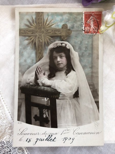 画像2: Postcard  初聖体 祈る女の子 十字架 フランス1909年  (2)