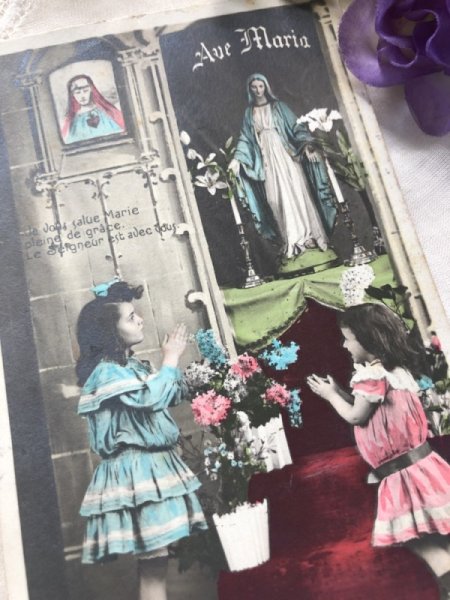 画像3: Postcard  マリア像に祈る女の子たち フランス1907年 (3)