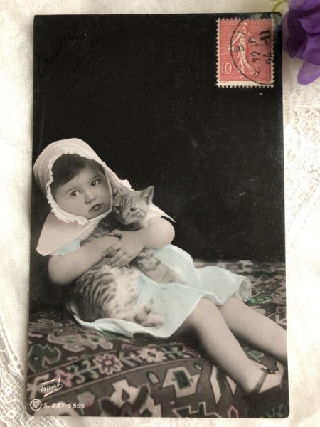 画像2: Postcard  トラ猫と女の子 フランス1906年 (2)