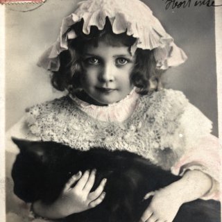 ヴィクトリアン洋書 少女 猫 ビスクドール♡アンティークポスト
