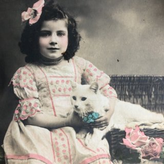 アンティークポストカード子猫を抱き花かごを持つ美しい少女2枚セット アンティークポストカード子猫を抱き花かごを持つ美しい少女2枚