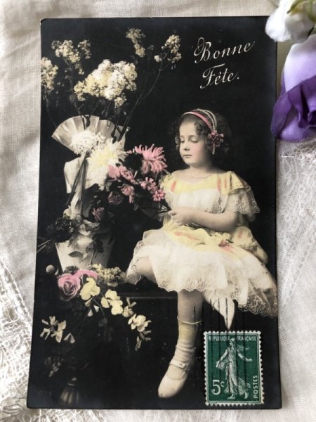 画像2: Postcard 　お花と女の子　レース　フランス (2)