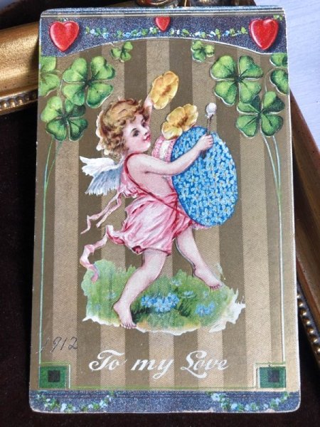画像2: Postcard バレンタイン お花のドラムと天使 四葉 ハート (2)