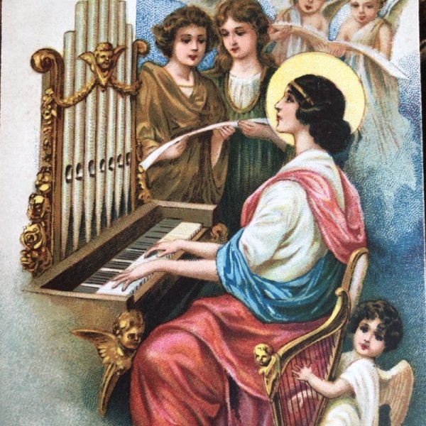 画像1: Postcard　クリスマス　パイプオルガンとハープを弾く天使 (1)