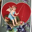 画像1: Postcard　バレンタイン　ハートを釣り上げる天使　スミレのお花 (1)