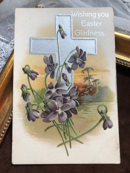 画像2: Postcard  イースター スミレのお花と十字架 (未使用) (2)