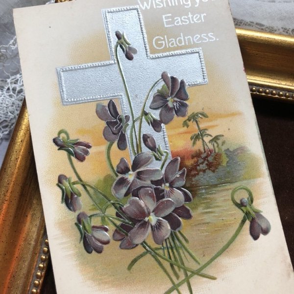 画像1: Postcard 　イースター　スミレのお花と十字架 （未使用） (1)