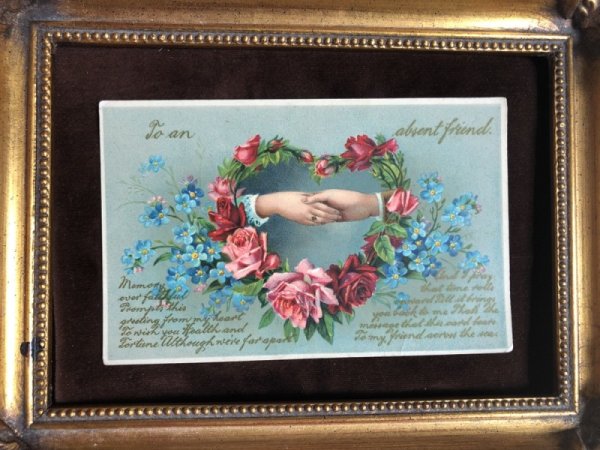 画像2: Postcard　握手をする手　薔薇のお花のハートのリース　忘れな草のお花 (2)