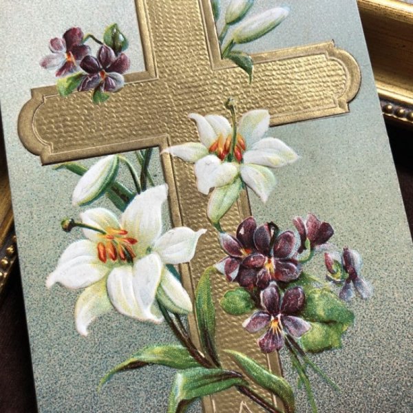 画像1: ▼SALE 500▼　Postcard 　イースター　十字架とスミレと白百合のお花 (1)