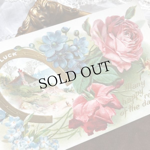 画像1: Postcard　バラのお花と海辺の風景　金の馬蹄　 (1)