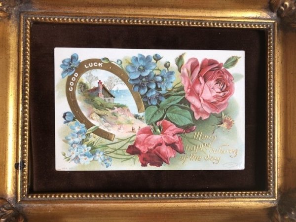 画像2: Postcard　バラのお花と海辺の風景　金の馬蹄　 (2)