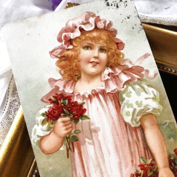 画像1: Postcard 　薔薇のお花とピンクのドレスの女の子　イギリス1907年　Ellen Jessie Andrews (1)