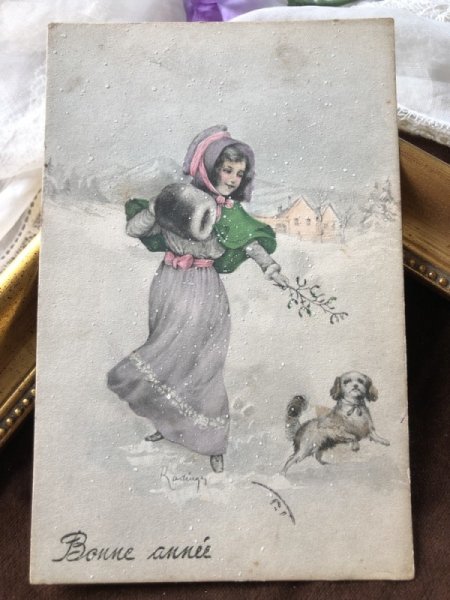 画像2: Postcard 犬と遊ぶ少女 ヤドリギ V.K.VIENNE 1912年 (2)