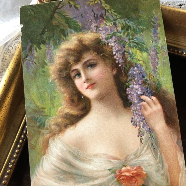 画像1: Postcard　美しい女性と藤のお花　 (1)