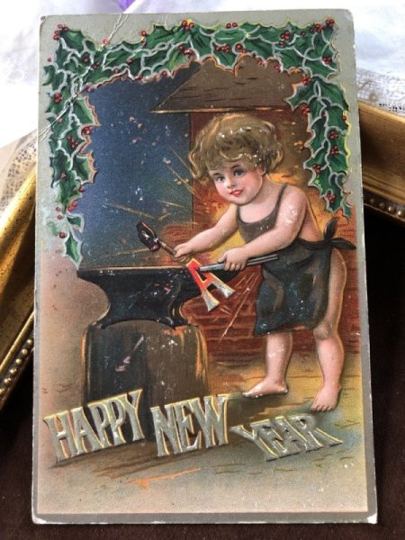画像2: Postcard 新年祝い New Year 天使の鍛冶屋さん アメリカ1908年 (2)