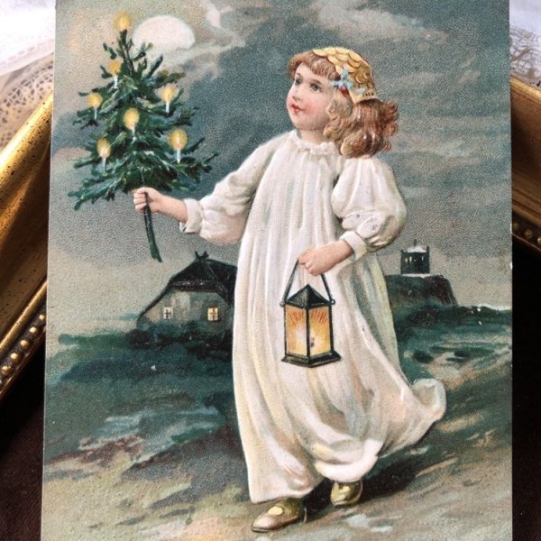 画像1: Postcard　クリスマス　ツリーを持つ女の子　アメリカ1908年 (1)