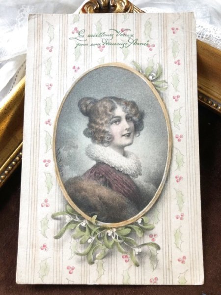 画像2: Postcard フレームの中の女性とヤドリギ M.M.VIENNE フランス1908年 (2)