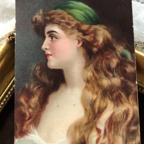 画像1: Postcard　髪の長い女性　横顔　緑　（未使用） (1)
