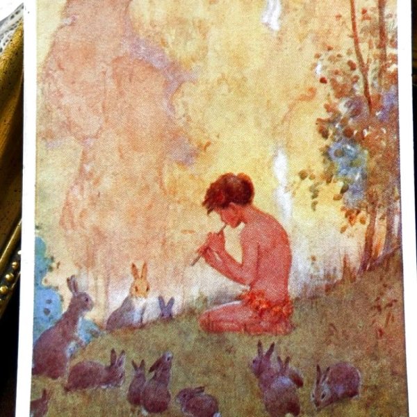 画像1: Postcard  笛を吹く少年と音色に聞き入るウサギさん　Margaret Tarrant　（未使用） (1)