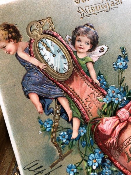 画像3: Postcard 新年祝い New Year スリッパと時計を運ぶ妖精 1906年 (3)