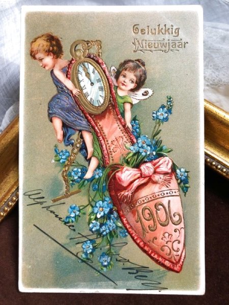 画像2: Postcard 新年祝い New Year スリッパと時計を運ぶ妖精 1906年 (2)