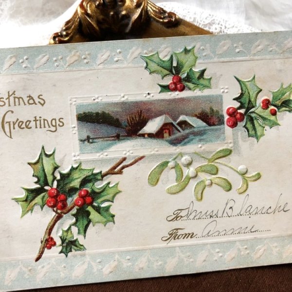 画像1: Postcard　クリスマス　ホーリーとヤドリギと雪景色の家 (1)
