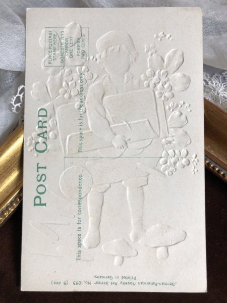 画像3: Postcard 鞄から大きな金貨をばらまく男の子 キノコ 四葉クローバー (未使用) (3)