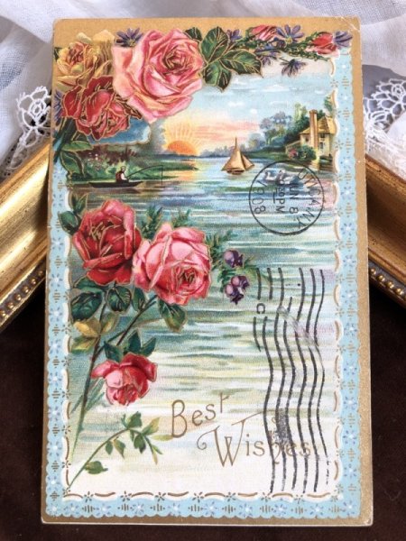 画像2: Postcard   水辺の風景 薔薇のお花 アメリカ1908年 (2)