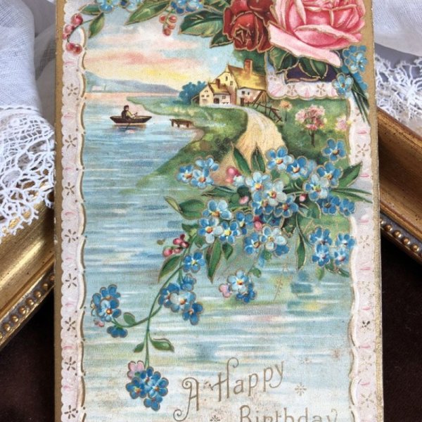 画像1: Postcard  　水辺の風景　薔薇　忘れな草のお花　アメリカ1908年 (1)