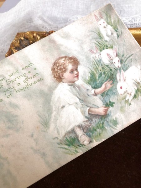 画像2: Postcard  イースター 女の子と白兎さん ウサギ (未使用) (2)