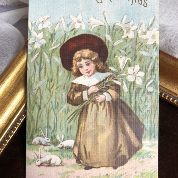 画像1: Postcard 　イースター　ウサギさんと白百合のお花を持つ女の子　アメリカ1909年 (1)