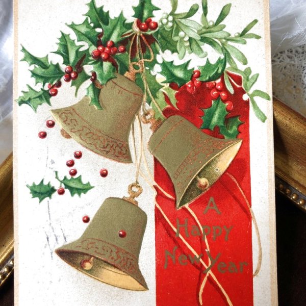 画像1: Postcard　クリスマス　ホーリーとヤドリギと３つのベル　Ellen Clapsaddle 1909年   (1)