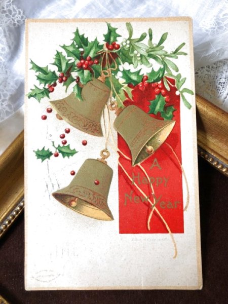 画像2: Postcard クリスマス ホーリーとヤドリギと3つのベル Ellen Clapsaddle 1909年   (2)
