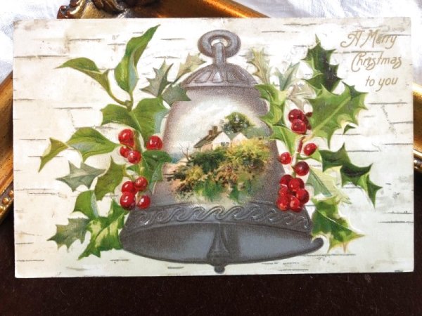 画像2: ▼SALE 500▼ Postcard クリスマス 銀のベル ホーリー アメリカ1907年 (2)